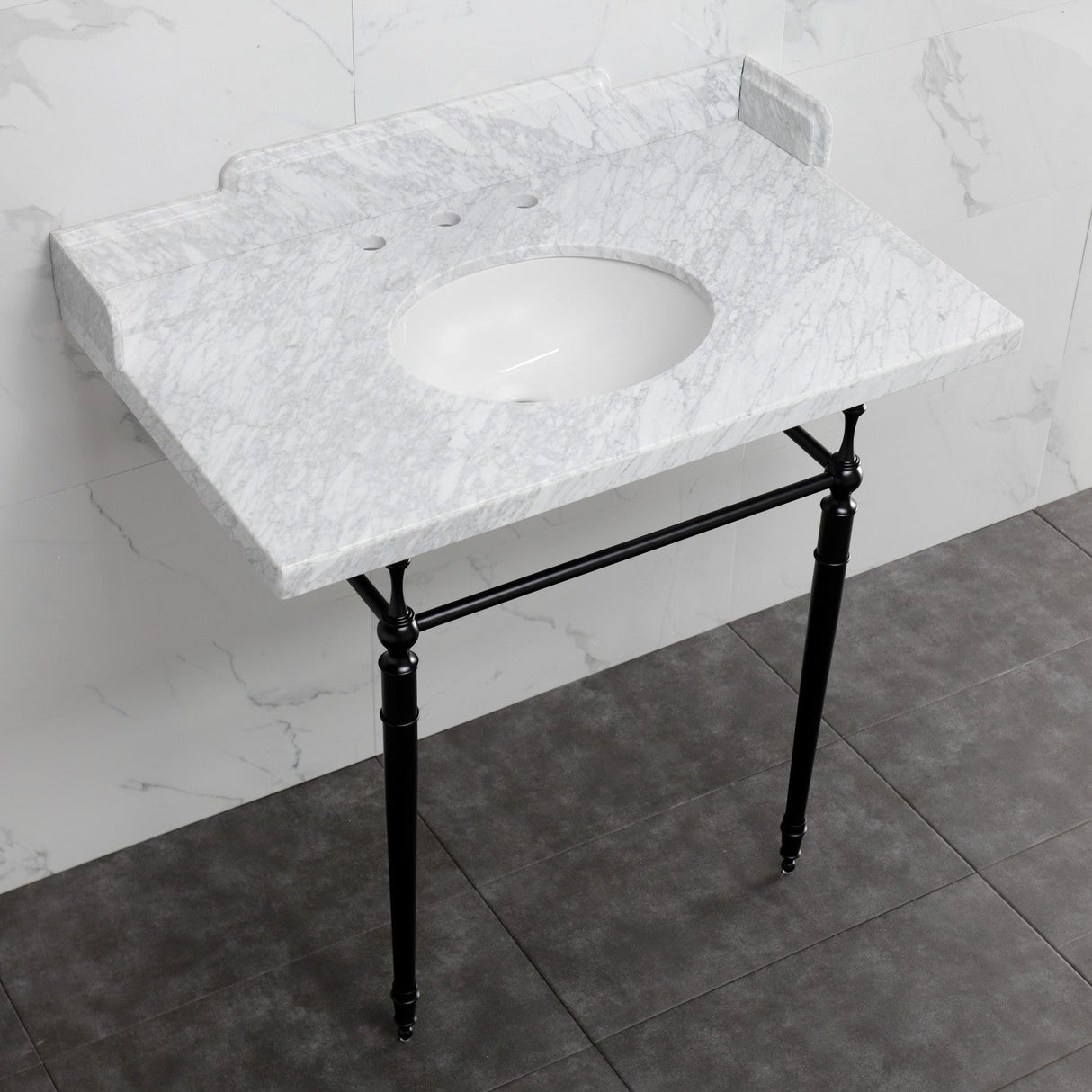 Fauceture LMS3622M80 36-Inch Carrara Marble Console Sink with Brass Legs, Marble White/Matte Black