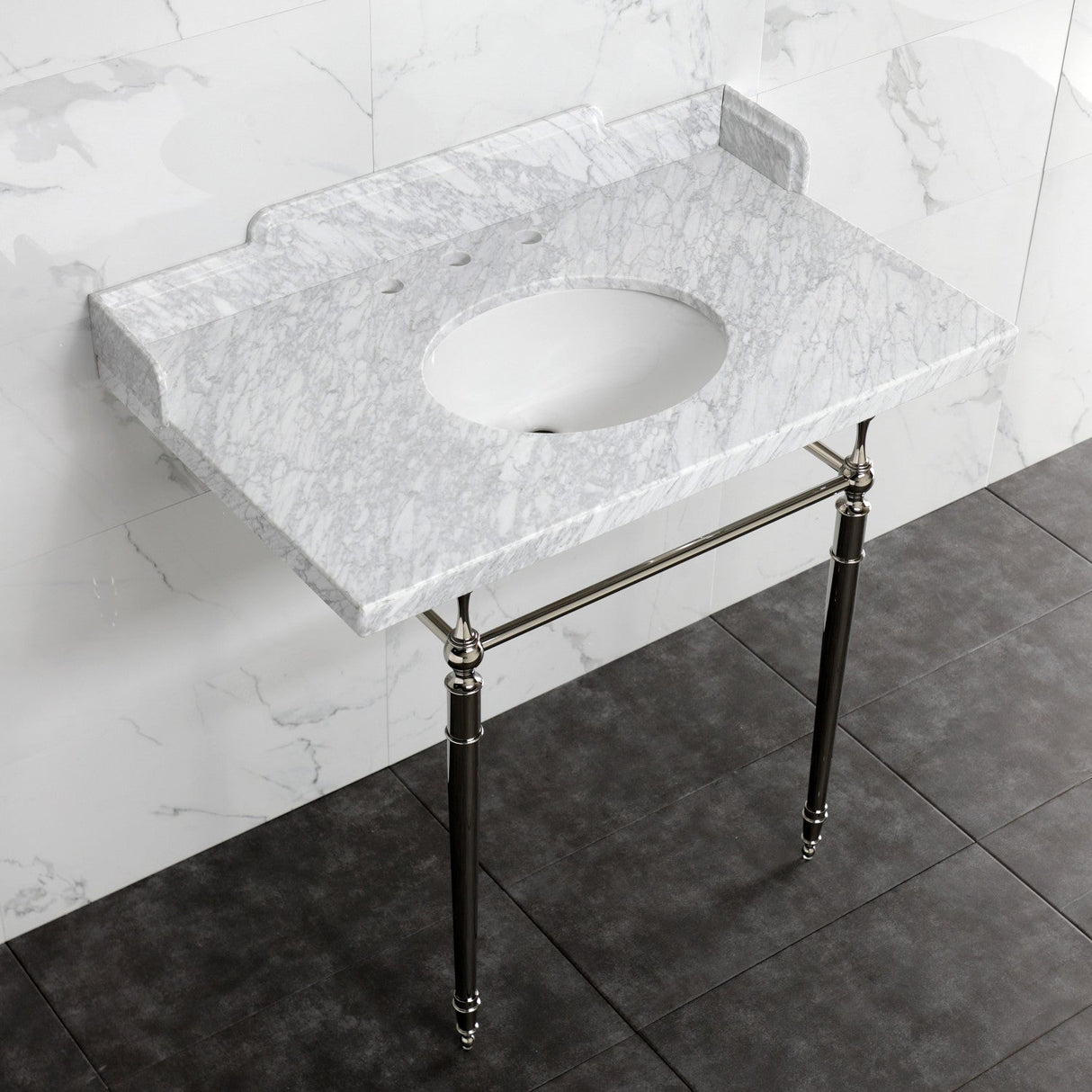 Fauceture LMS3622M86 36-Inch Carrara Marble Console Sink with Brass Legs, Marble White/Polished Nickel