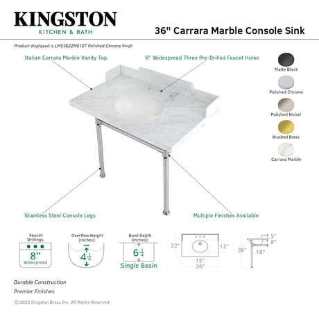 Fauceture LMS3622M86ST 36-Inch Carrara Marble Console Sink with Stainless Steel Legs, Marble White/Polished Nickel