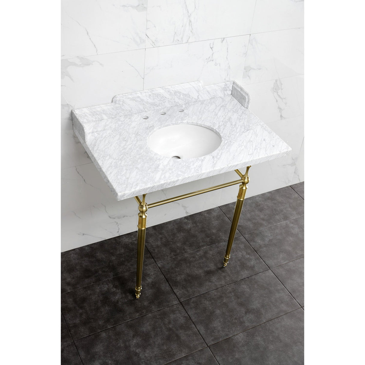 Fauceture LMS3622M87 36-Inch Carrara Marble Console Sink with Brass Legs, Marble White/Brushed Brass