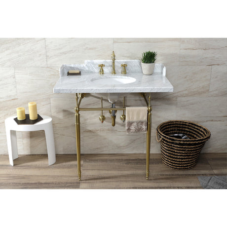 Fauceture LMS3622M87 36-Inch Carrara Marble Console Sink with Brass Legs, Marble White/Brushed Brass