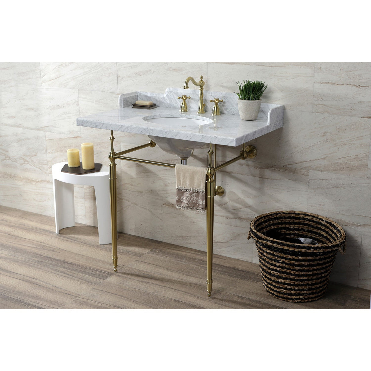 Fauceture LMS3622M87 36-Inch Carrara Marble Console Sink with Brass Legs, Marble White/Brushed Brass