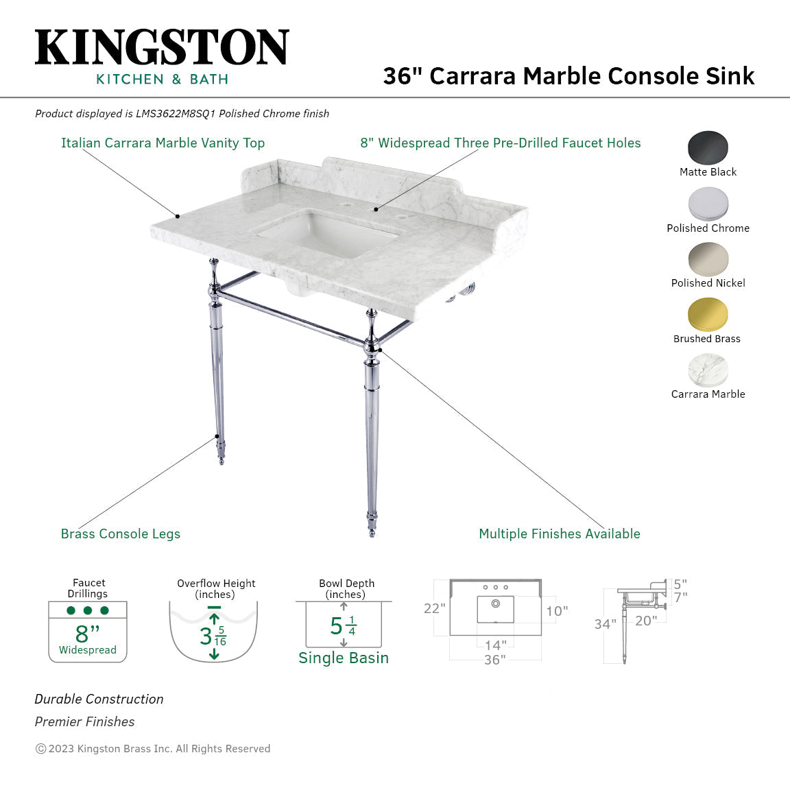 Fauceture LMS3622M8SQ0 36-Inch Carrara Marble Console Sink with Brass Legs, Marble White/Matte Black