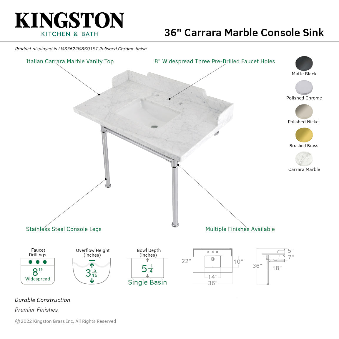 Fauceture LMS3622M8SQ1ST 36-Inch Carrara Marble Console Sink with Stainless Steel Legs, Marble White/Polished Chrome