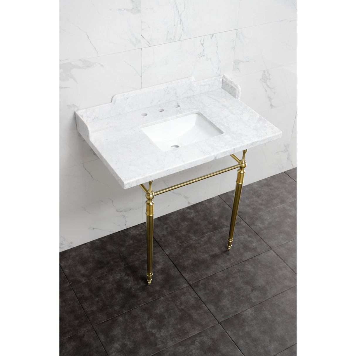 Fauceture LMS3622M8SQ7 36-Inch Carrara Marble Console Sink with Brass Legs, Marble White/Brushed Brass