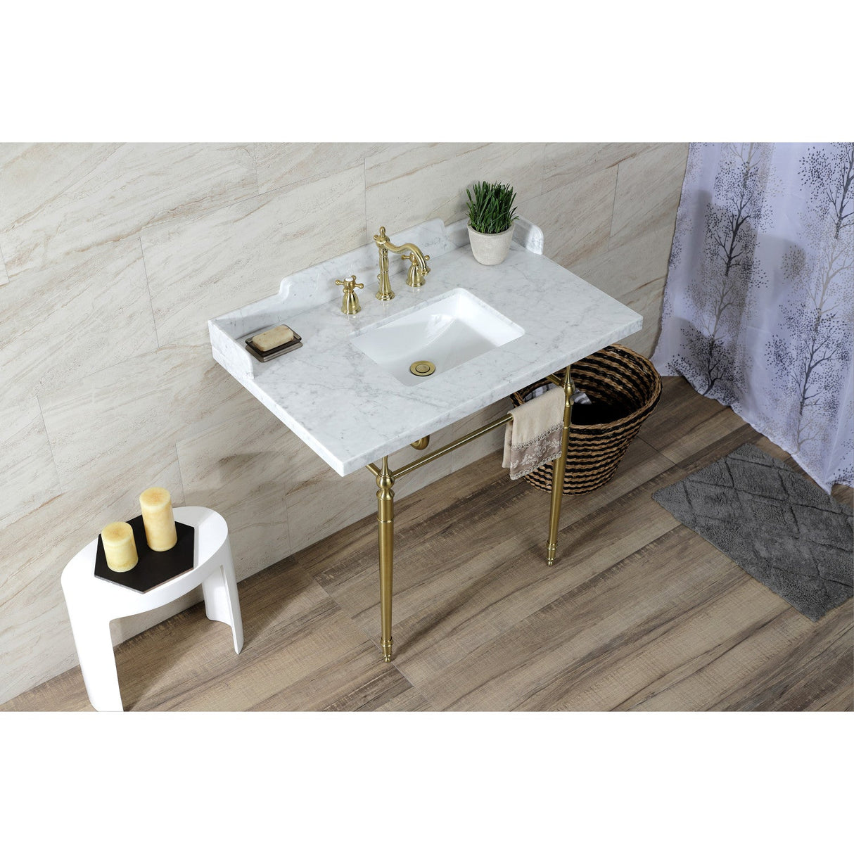 Fauceture LMS3622M8SQ7 36-Inch Carrara Marble Console Sink with Brass Legs, Marble White/Brushed Brass