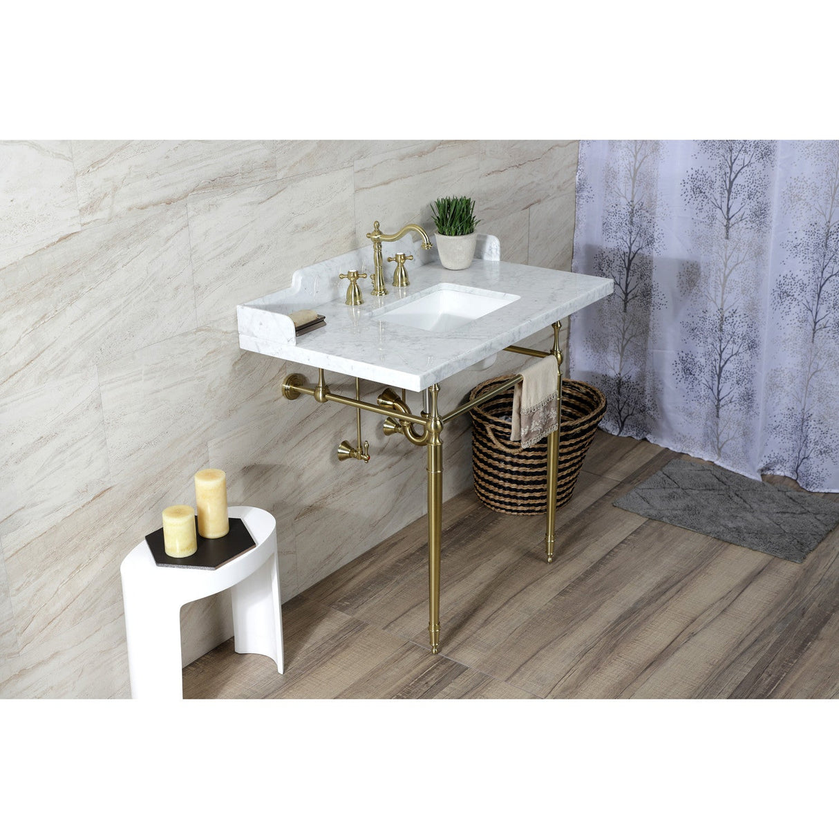 Fauceture LMS3622M8SQ7 36-Inch Carrara Marble Console Sink with Brass Legs, Marble White/Brushed Brass