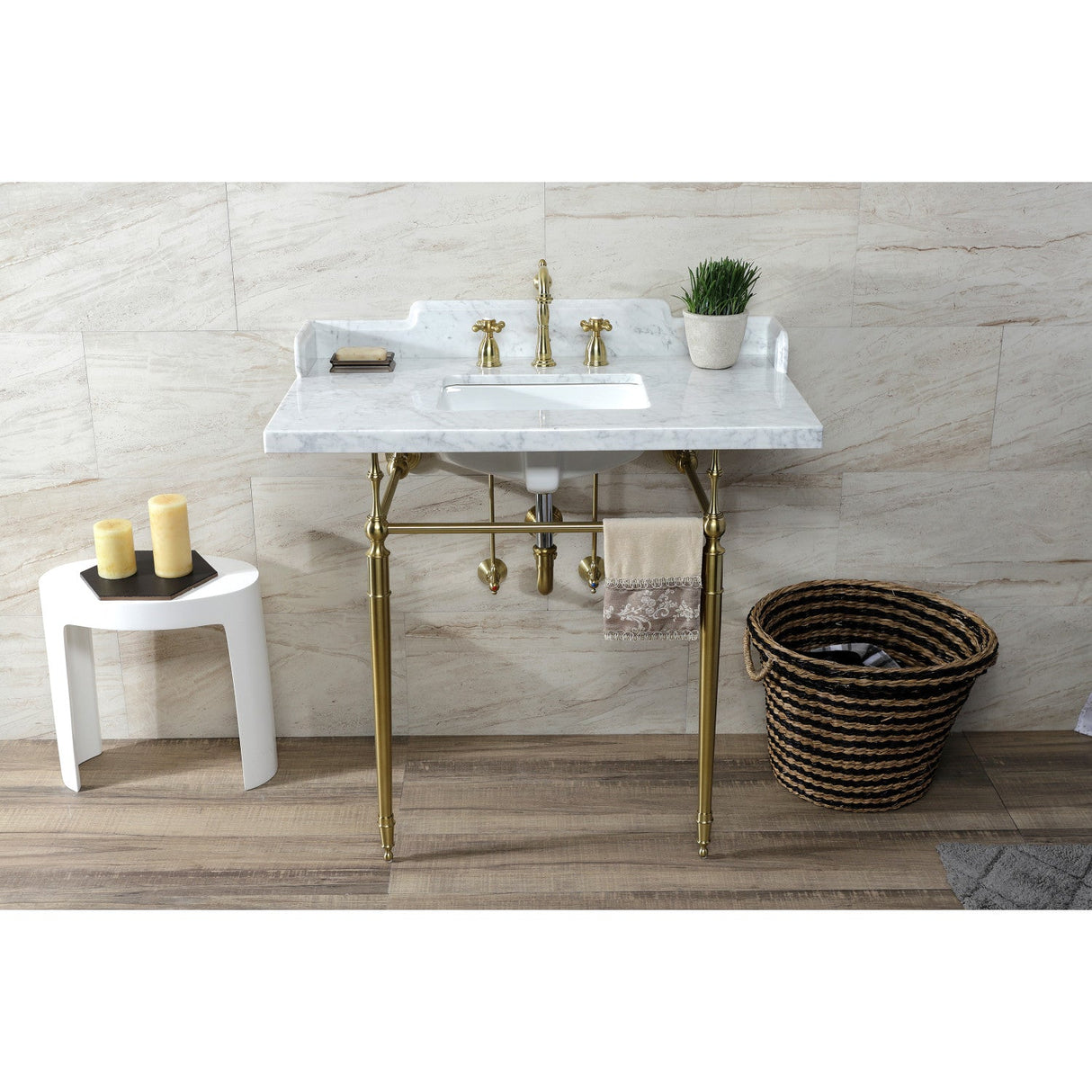 Fauceture LMS3622M8SQ7 36-Inch Carrara Marble Console Sink with Brass Legs, Marble White/Brushed Brass