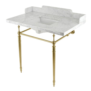 Fauceture LMS3622M8SQ7 36-Inch Carrara Marble Console Sink with Brass Legs, Marble White/Brushed Brass