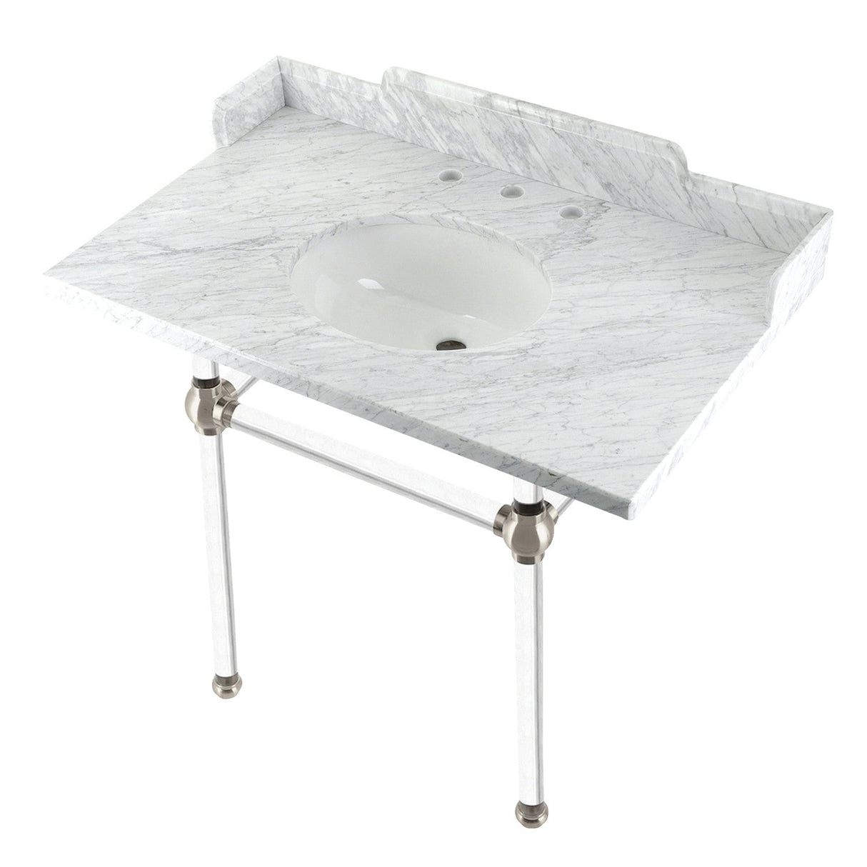 Fauceture LMS3630MA8 36-Inch Carrara Marble Console Sink with Acrylic Legs, Marble White/Brushed Nickel