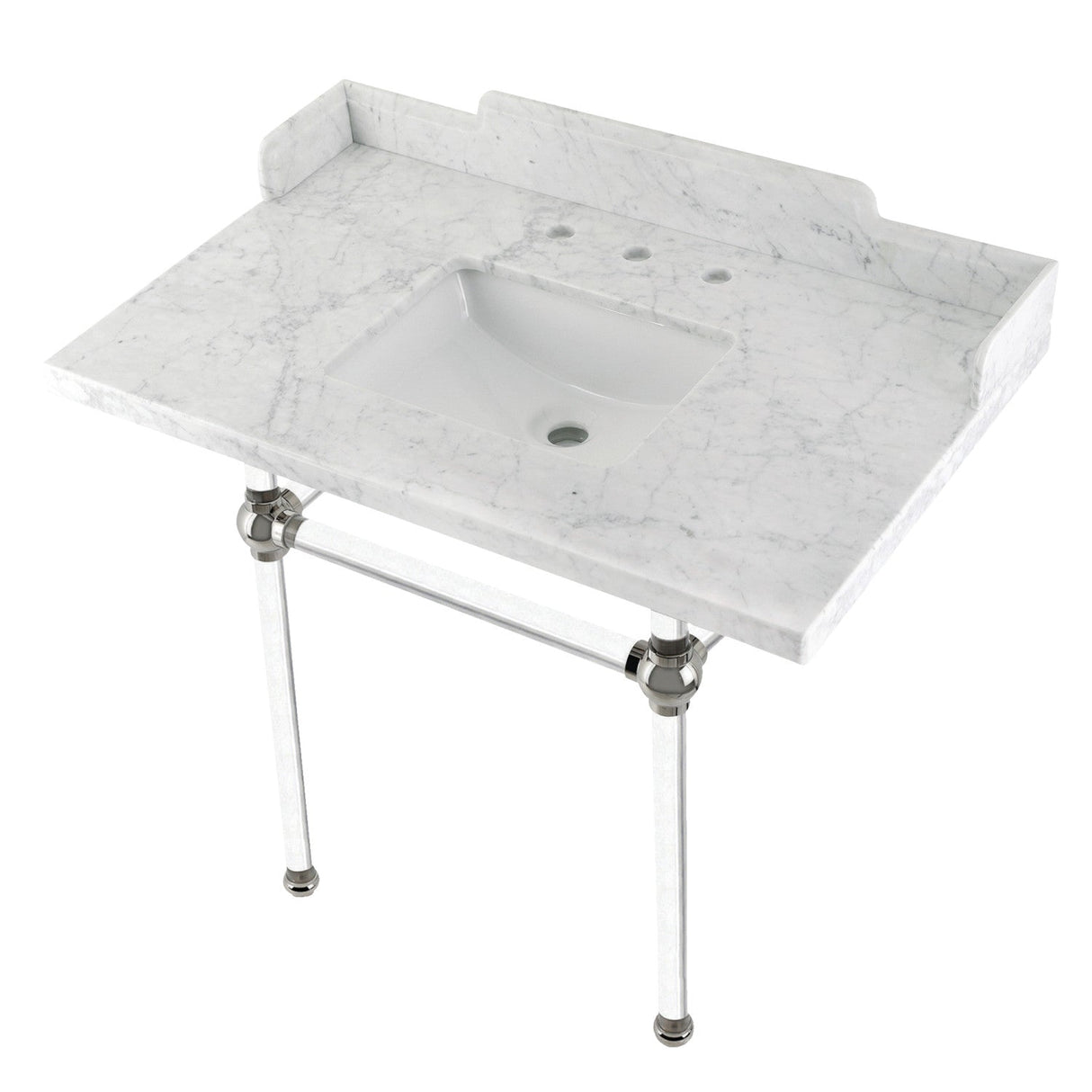 Fauceture LMS3630MASQ6 36-Inch Carrara Marble Console Sink with Acrylic Legs, Marble White/Polished Nickel