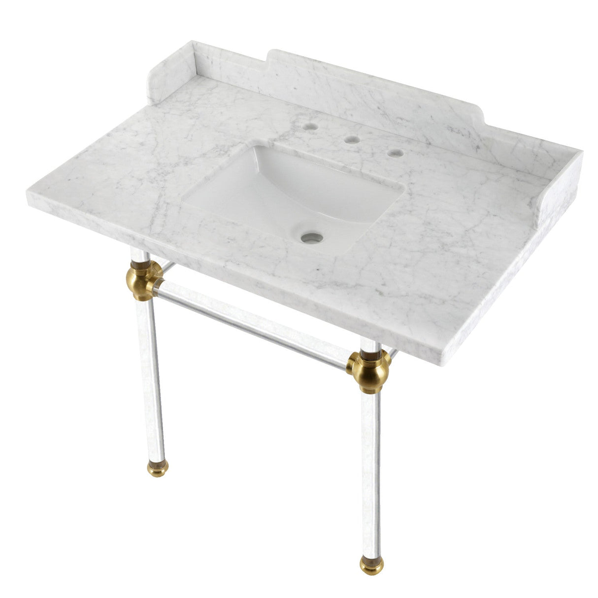 Fauceture LMS3630MASQ7 36-Inch Carrara Marble Console Sink with Acrylic Legs, Marble White/Brushed Brass