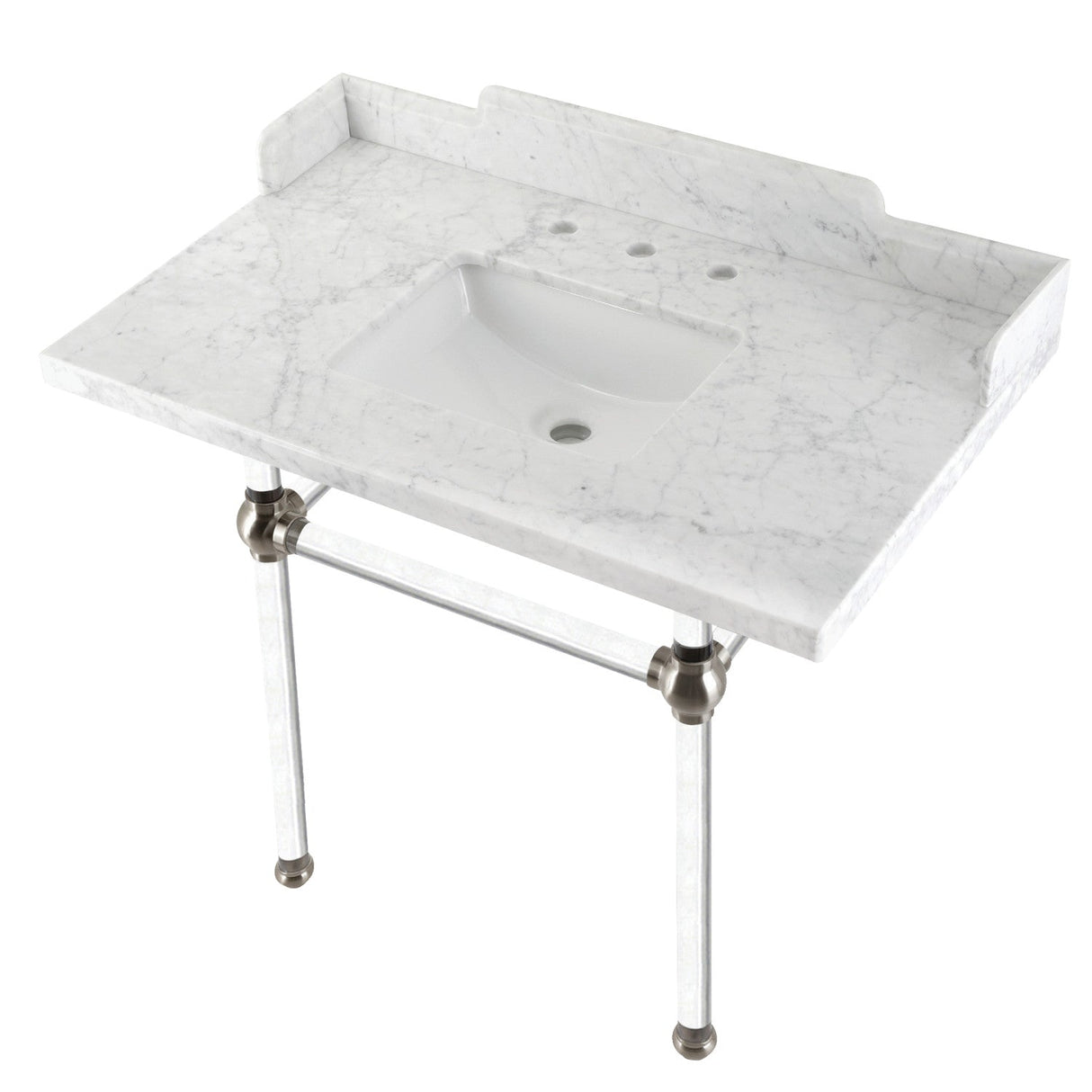 Fauceture LMS3630MASQ8 36-Inch Carrara Marble Console Sink with Acrylic Legs, Marble White/Brushed Nickel