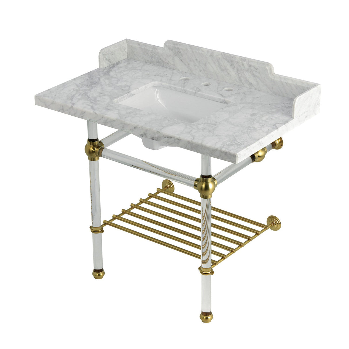 Pemberton LMS3630MASQB7 36-Inch Console Sink with Acrylic Legs (8-Inch, 3 Hole), Marble White/Brushed Brass