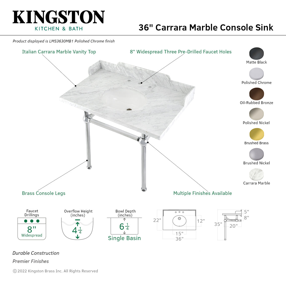 Fauceture LMS3630MB1 36-Inch Carrara Marble Console Sink with Brass Legs, Marble White/Polished Chrome