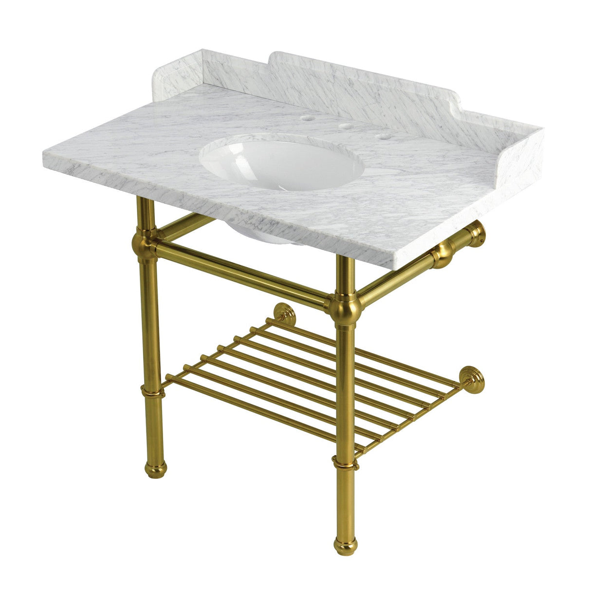 Pemberton LMS3630MBB7 36-Inch Console Sink with Brass Legs (8-Inch, 3 Hole), Marble White/Brushed Brass