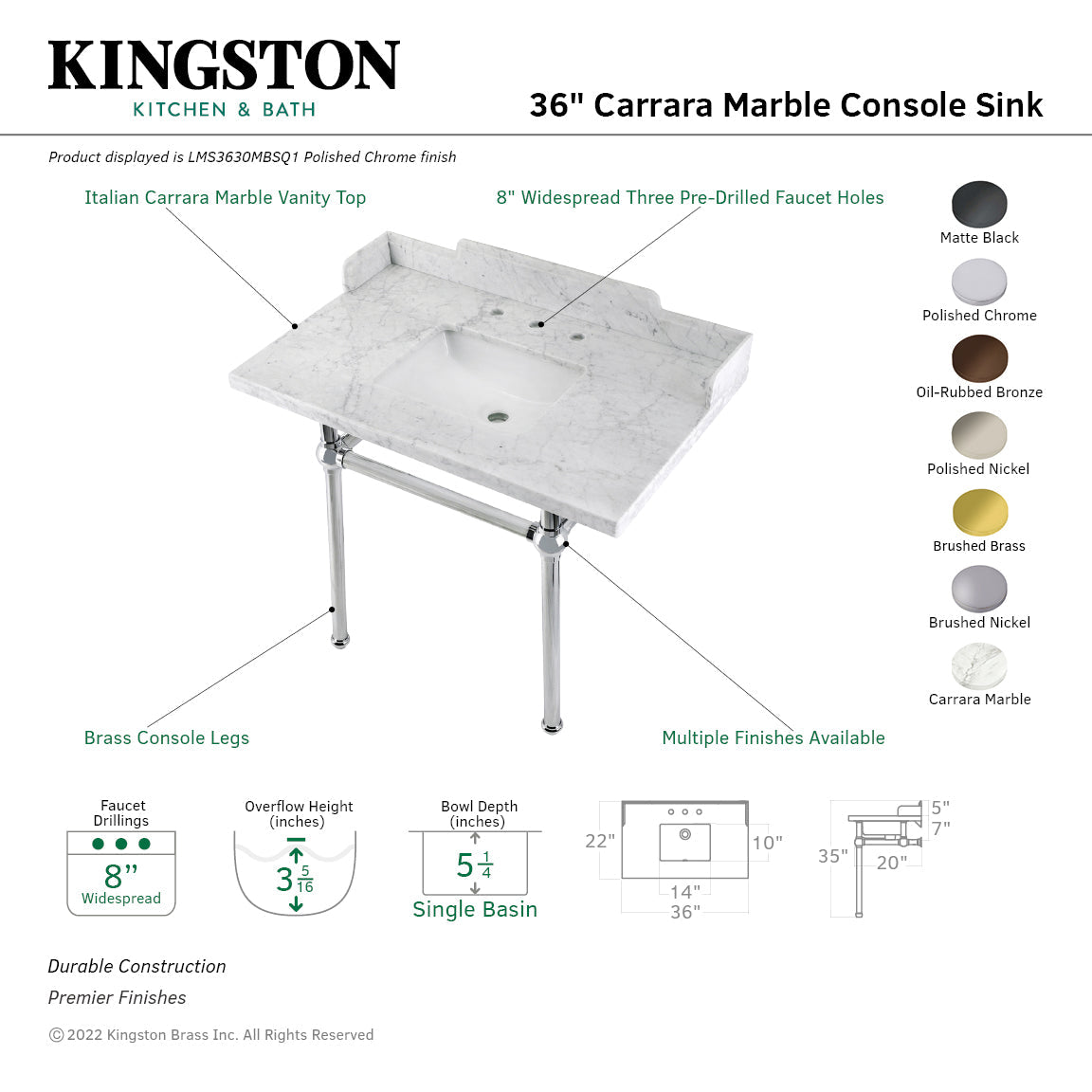 Fauceture LMS3630MBSQ1 36-Inch Carrara Marble Console Sink with Brass Legs, Marble White/Polished Chrome