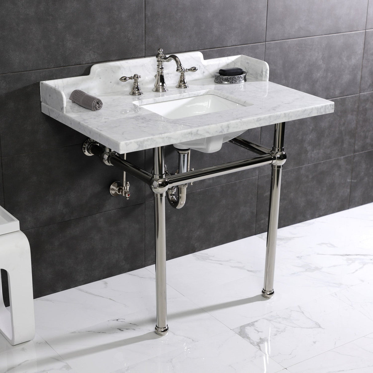 Fauceture LMS3630MBSQ6 36-Inch Carrara Marble Console Sink with Brass Legs, Marble White/Polished Nickel