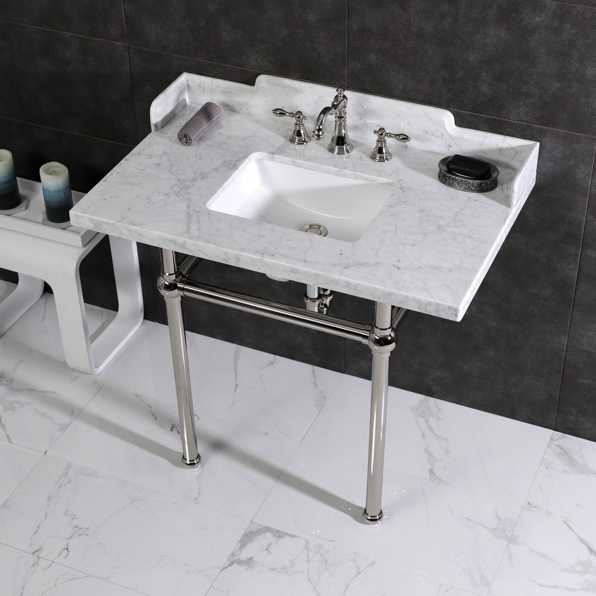 Fauceture LMS3630MBSQ6 36-Inch Carrara Marble Console Sink with Brass Legs, Marble White/Polished Nickel