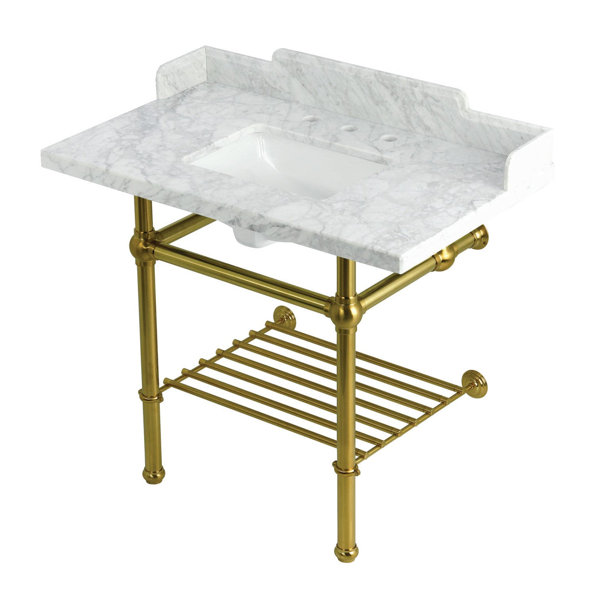 Pemberton LMS3630MBSQB7 36-Inch Console Sink with Brass Legs (8-Inch, 3 Hole), Marble White/Brushed Brass