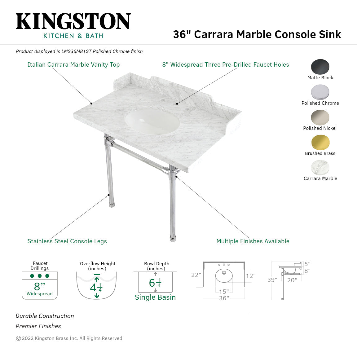 Fauceture LMS36M81ST 36-Inch Carrara Marble Console Sink with Stainless Steel Legs, Marble White/Polished Chrome