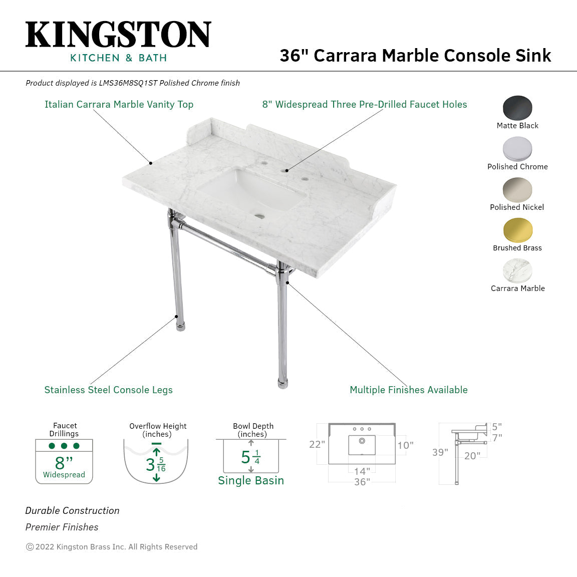 Fauceture LMS36M8SQ6ST 36-Inch Carrara Marble Console Sink with Stainless Steel Legs, Marble White/Polished Nickel