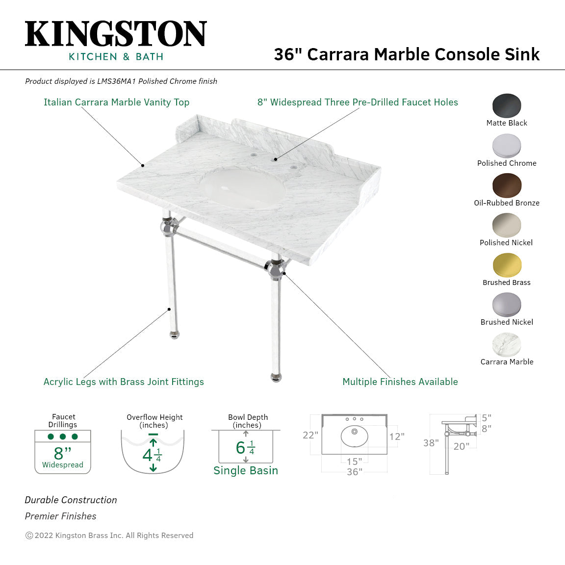 Fauceture LMS36MA5 36-Inch Carrara Marble Console Sink with Acrylic Legs, Marble White/Oil Rubbed Bronze