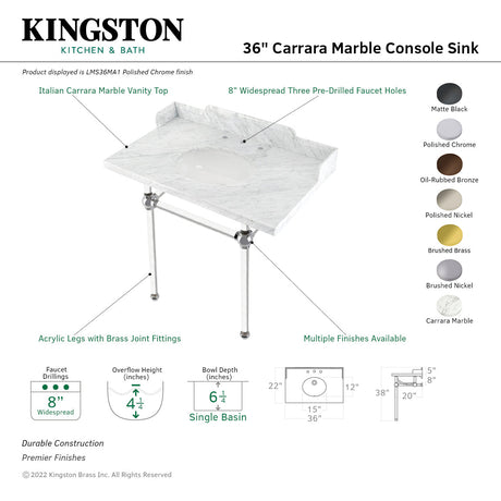 Fauceture LMS36MA6 36-Inch Carrara Marble Console Sink with Acrylic Legs, Marble White/Polished Nickel