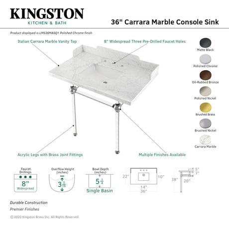 Fauceture LMS36MASQ0 36-Inch Carrara Marble Console Sink with Acrylic Legs, Marble White/Matte Black