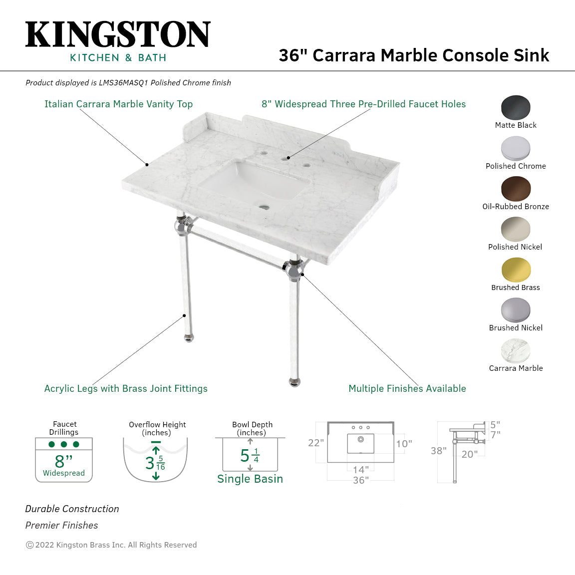 Fauceture LMS36MASQ6 36-Inch Carrara Marble Console Sink with Acrylic Legs, Marble White/Polished Nickel