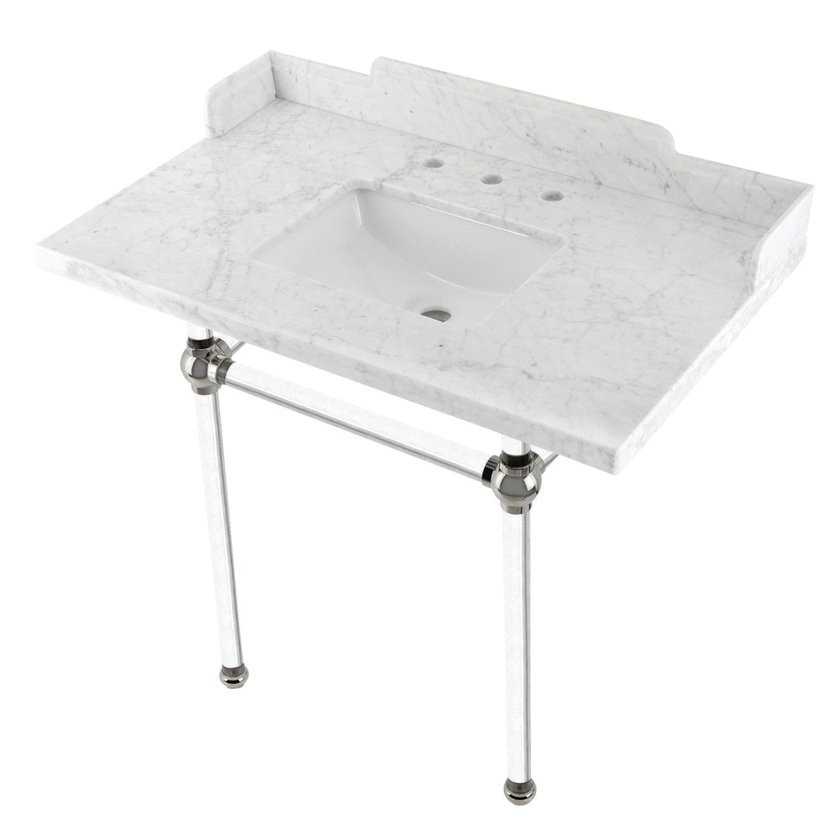 Fauceture LMS36MASQ6 36-Inch Carrara Marble Console Sink with Acrylic Legs, Marble White/Polished Nickel