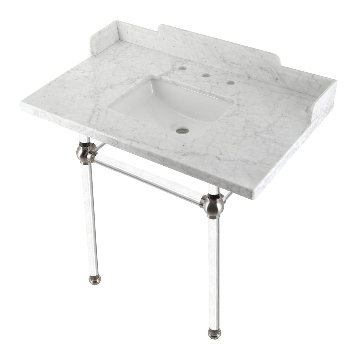 Fauceture LMS36MASQ8 36-Inch Carrara Marble Console Sink with Acrylic Legs, Marble White/Brushed Nickel