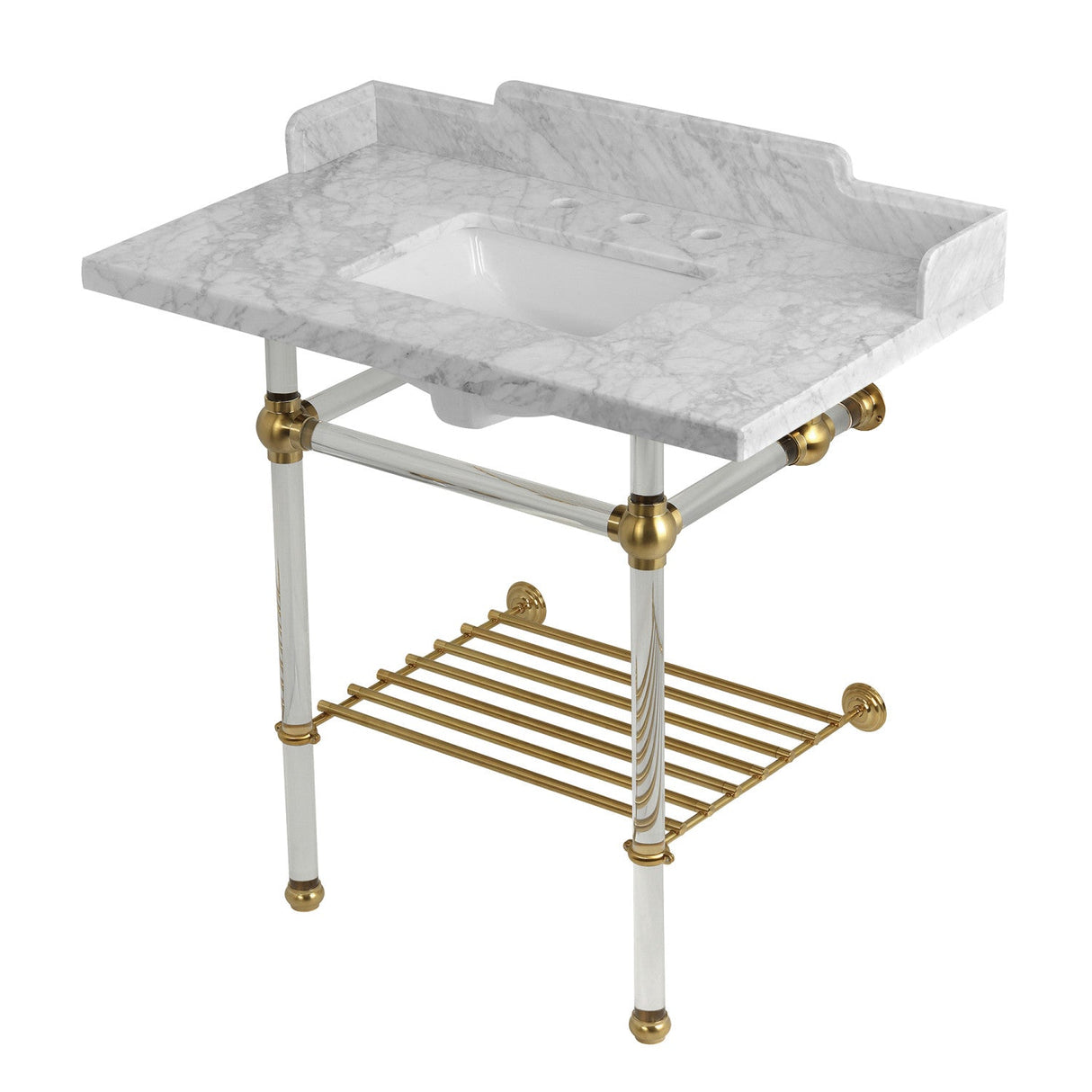 Pemberton LMS36MASQB7 36-Inch Console Sink with Acrylic Legs (8-Inch, 3 Hole), Marble White/Brushed Brass