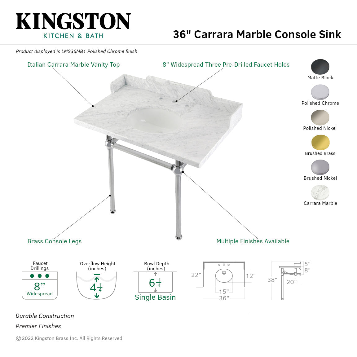 Fauceture LMS36MB6 36-Inch Carrara Marble Console Sink with Brass Legs, Marble White/Polished Nickel