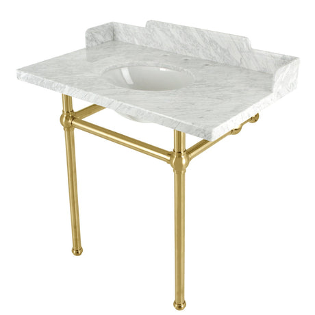 Fauceture LMS36MB7 36-Inch Carrara Marble Console Sink with Brass Legs, Marble White/Brushed Brass