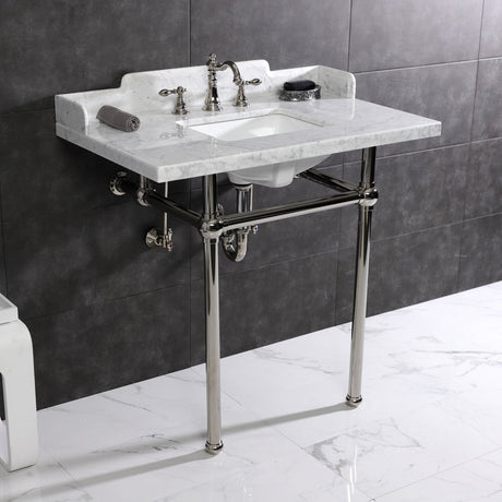 Fauceture LMS36MBSQ6 36-Inch Carrara Marble Console Sink with Brass Legs, Marble White/Polished Nickel