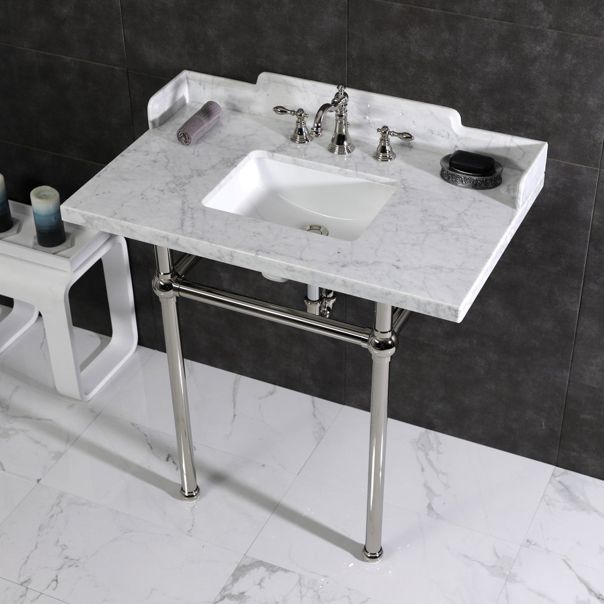 Fauceture LMS36MBSQ6 36-Inch Carrara Marble Console Sink with Brass Legs, Marble White/Polished Nickel