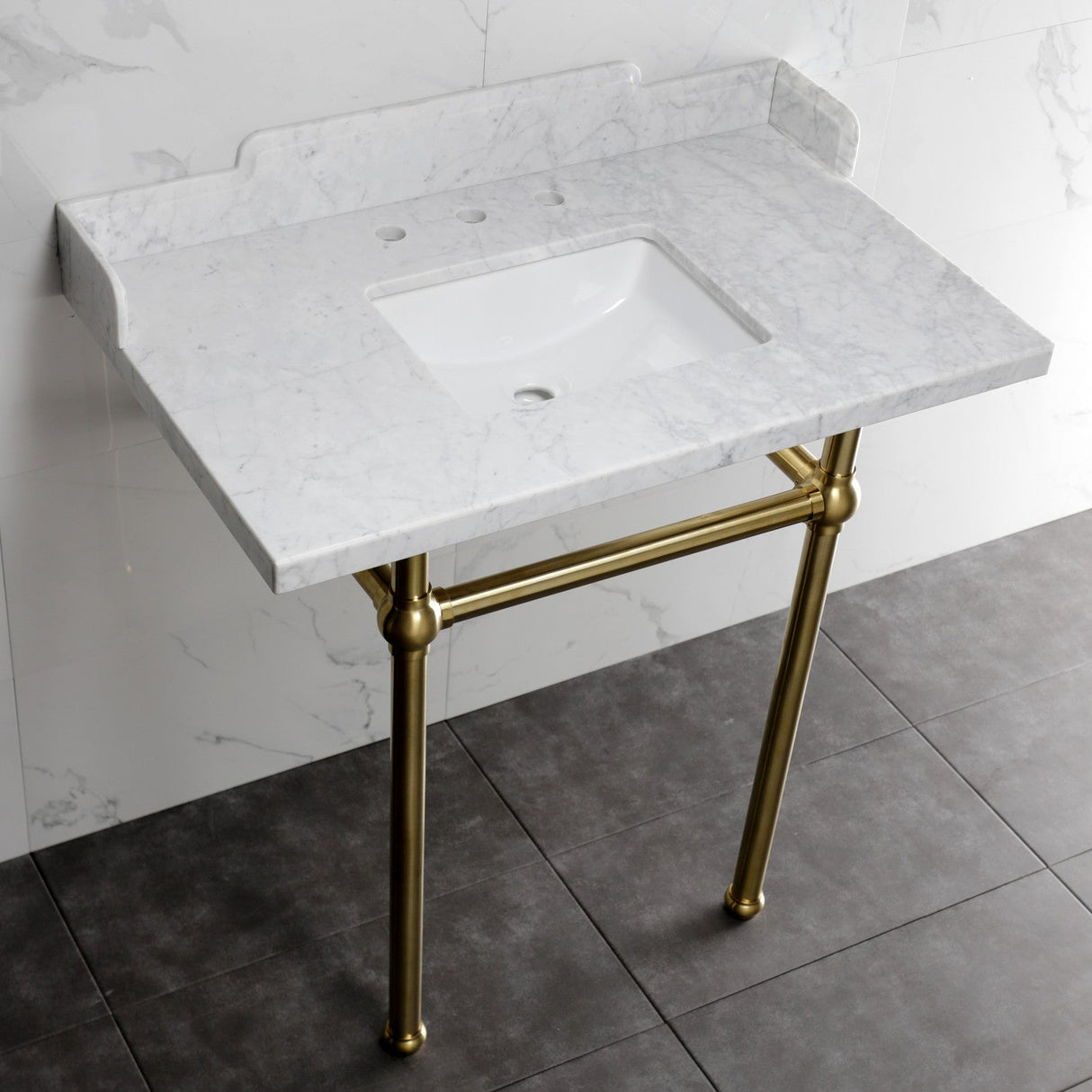 Fauceture LMS36MBSQ7 36-Inch Carrara Marble Console Sink with Brass Legs, Marble White/Brushed Brass