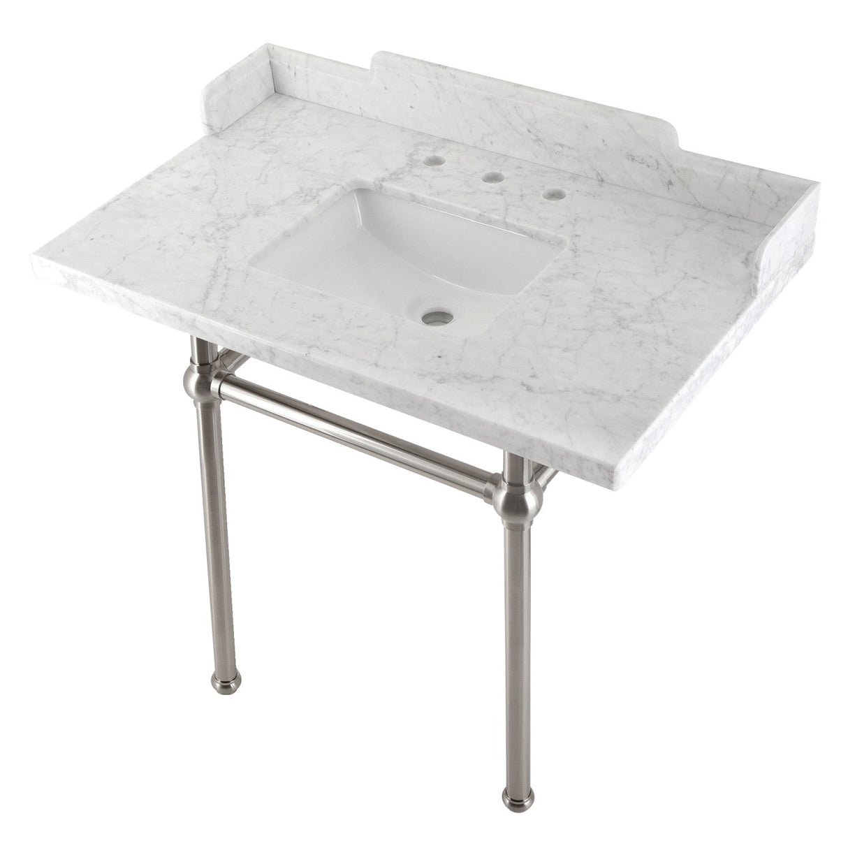 Fauceture LMS36MBSQ8 36-Inch Carrara Marble Console Sink with Brass Legs, Marble White/Brushed Nickel