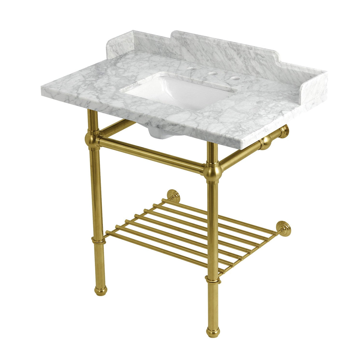 Pemberton LMS36MBSQB7 36-Inch Console Sink with Brass Legs (8-Inch, 3 Hole), Marble White/Brushed Brass