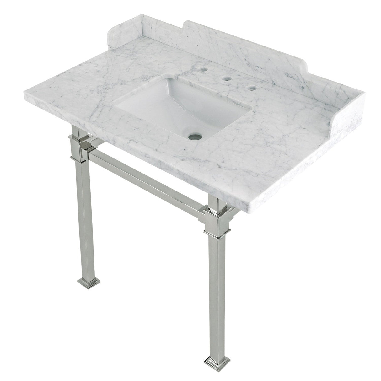 Fauceture LMS36MSQ6 36-Inch Carrara Marble Console Sink with Stainless Steel Legs, Marble White/Polished Nickel