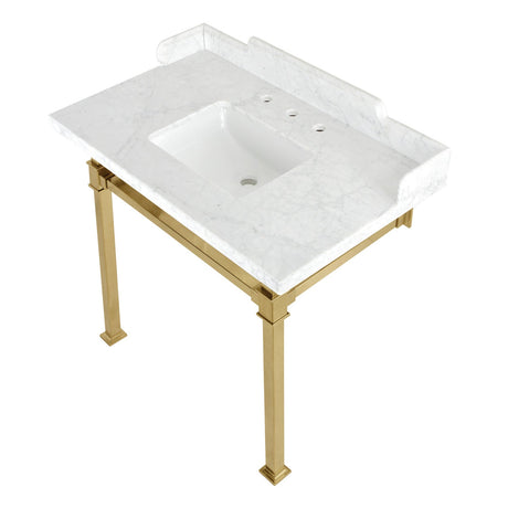 Fauceture LMS36MSQ7 36-Inch Carrara Marble Console Sink with Stainless Steel Legs, Marble White/Brushed Brass