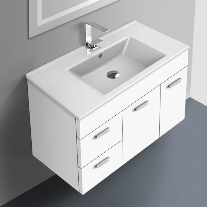 Floating Bathroom Vanity, Modern, 34", Glossy White