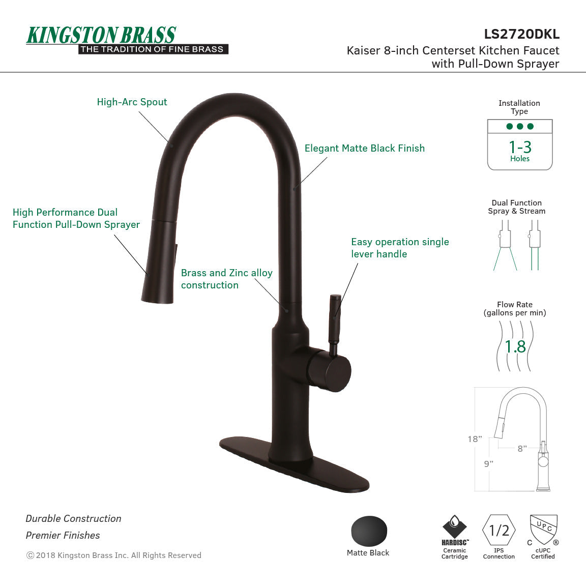 Kaiser LS2720DKL Single-Handle 1-Hole Deck Mount Pull-Down Sprayer Kitchen Faucet, Matte Black