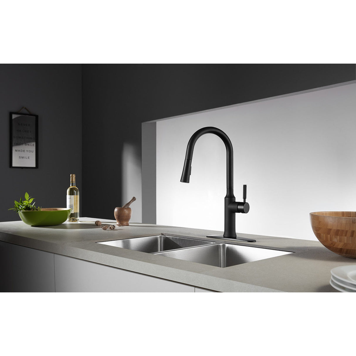 Kaiser LS2720DKL Single-Handle 1-Hole Deck Mount Pull-Down Sprayer Kitchen Faucet, Matte Black