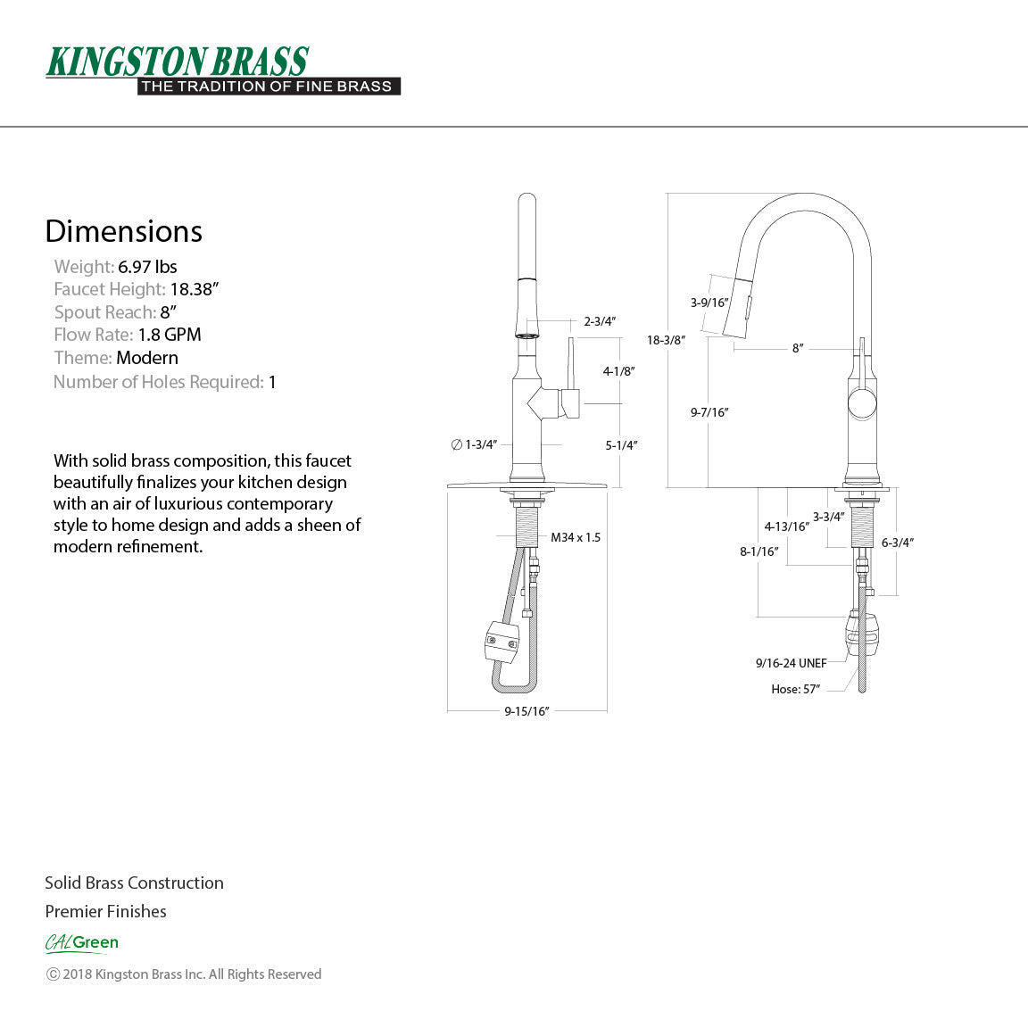 New York LS2721NYL Single-Handle 1-Hole Deck Mount Pull-Down Sprayer Kitchen Faucet, Polished Chrome