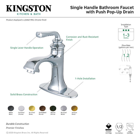Restoration LS4420RXL Single-Handle 1-Hole Deck Mount Bathroom Faucet with Push Pop-Up, Matte Black