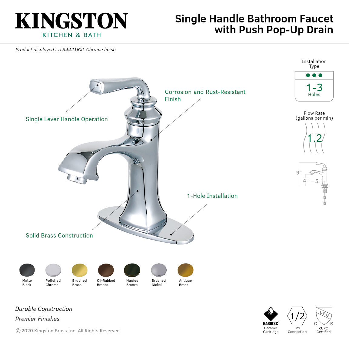 Restoration LS4428RXL Single-Handle 1-Hole Deck Mount Bathroom Faucet with Push Pop-Up, Brushed Nickel