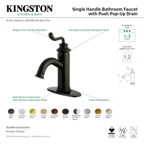 Royale LS5415RL Single-Handle 1-Hole Deck Mount Bathroom Faucet with Push Pop-Up, Oil Rubbed Bronze