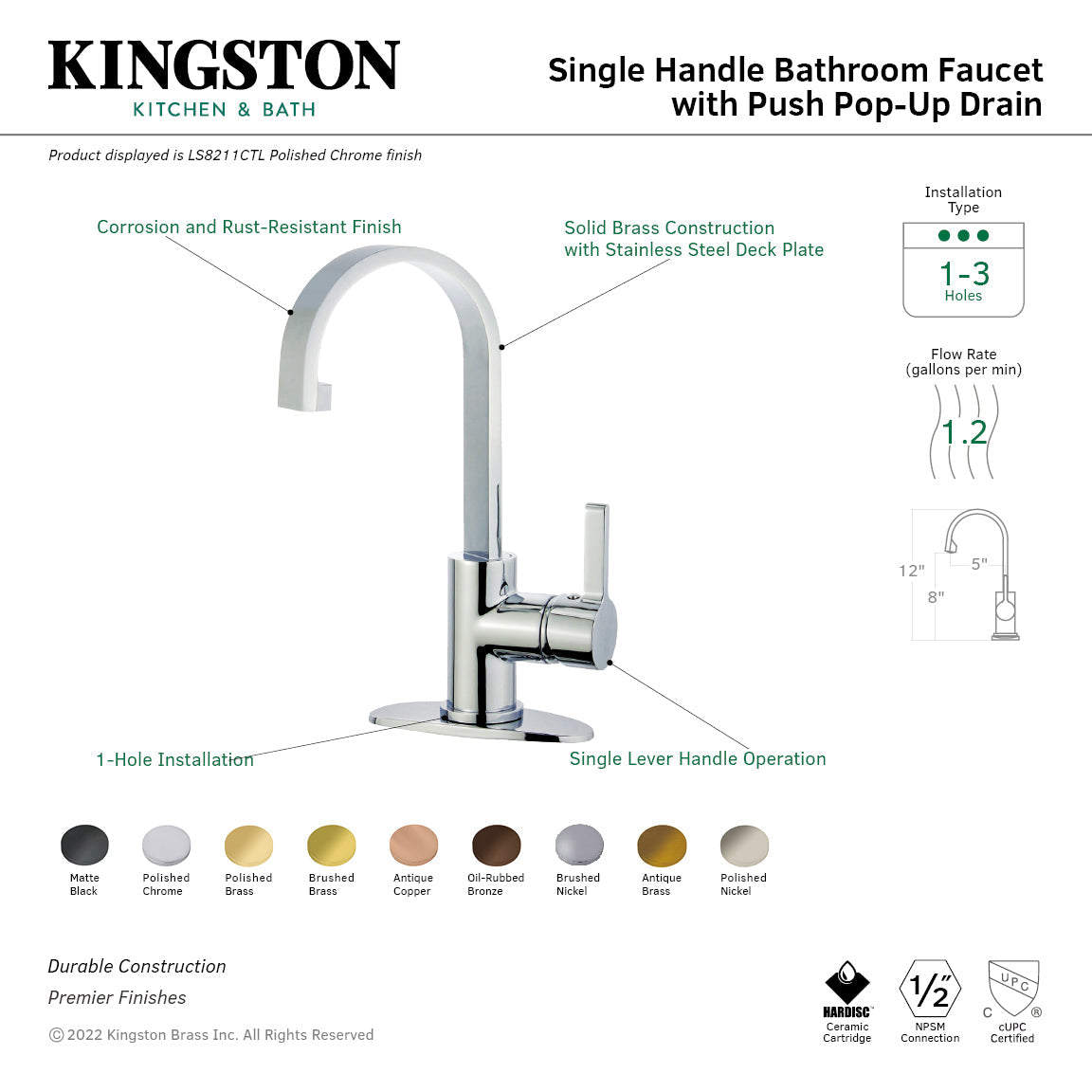 Continental LS8211CTL Single-Handle 1-Hole Deck Mount Bathroom Faucet with Push Pop-Up, Polished Chrome